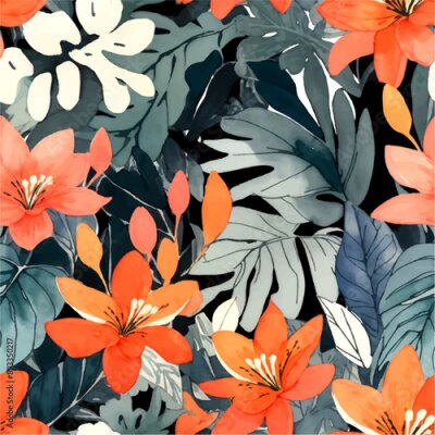 Papier peint  Beach cheerful seamless pattern wallpaper of tropical dark green leaves of palm trees and flowers bird of paradise (strelitzia) plumeria on a watercolor background