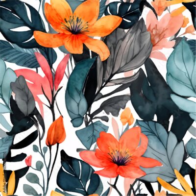 Papier peint  Beach cheerful seamless pattern wallpaper of tropical dark green leaves of palm trees and flowers bird of paradise (strelitzia) plumeria on a watercolor background