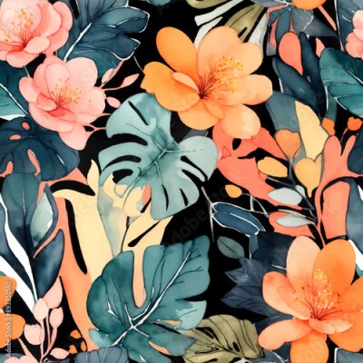 Papier peint  Beach cheerful seamless pattern wallpaper of tropical dark green leaves of palm trees and flowers bird of paradise (strelitzia) plumeria on a watercolor background