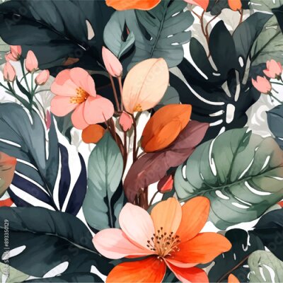 Papier peint  Beach cheerful seamless pattern wallpaper of tropical dark green leaves of palm trees and flowers bird of paradise (strelitzia) plumeria on a watercolor background