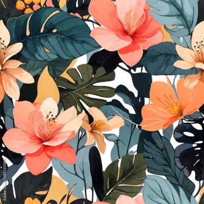 Papier peint  Beach cheerful seamless pattern wallpaper of tropical dark green leaves of palm trees and flowers bird of paradise (strelitzia) plumeria on a watercolor background