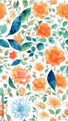 Papier peint  Beach cheerful seamless pattern wallpaper of tropical dark green leaves of palm trees and flowers bird of paradise (strelitzia) plumeria on a watercolor background