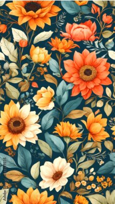 Papier peint  Beach cheerful seamless pattern wallpaper of tropical dark green leaves of palm trees and flowers bird of paradise (strelitzia) plumeria on a watercolor background