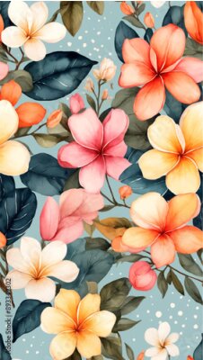 Papier peint  Beach cheerful seamless pattern wallpaper of tropical dark green leaves of palm trees and flowers bird of paradise (strelitzia) plumeria on a watercolor background