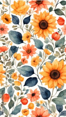 Papier peint  Beach cheerful seamless pattern wallpaper of tropical dark green leaves of palm trees and flowers bird of paradise (strelitzia) plumeria on a watercolor background