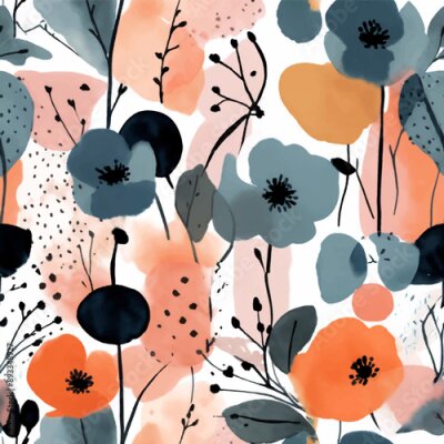 Papier peint  Beach cheerful seamless pattern wallpaper of tropical dark green leaves of palm trees and flowers bird of paradise (strelitzia) plumeria on a watercolor background