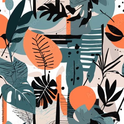 Papier peint  Beach cheerful seamless pattern wallpaper of tropical dark green leaves of palm trees and flowers bird of paradise (strelitzia) plumeria on a watercolor background