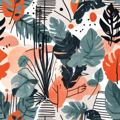 Papier peint  Beach cheerful seamless pattern wallpaper of tropical dark green leaves of palm trees and flowers bird of paradise (strelitzia) plumeria on a watercolor background
