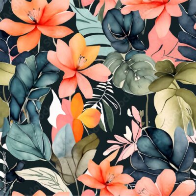 Papier peint  Beach cheerful seamless pattern wallpaper of tropical dark green leaves of palm trees and flowers bird of paradise (strelitzia) plumeria on a watercolor background