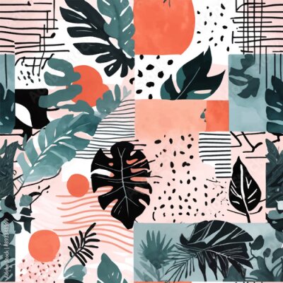 Papier peint  Beach cheerful seamless pattern wallpaper of tropical dark green leaves of palm trees and flowers bird of paradise (strelitzia) plumeria on a watercolor background