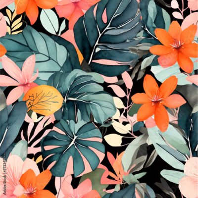 Papier peint  Beach cheerful seamless pattern wallpaper of tropical dark green leaves of palm trees and flowers bird of paradise (strelitzia) plumeria on a watercolor background