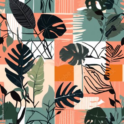 Papier peint  Beach cheerful seamless pattern wallpaper of tropical dark green leaves of palm trees and flowers bird of paradise (strelitzia) plumeria on a watercolor background