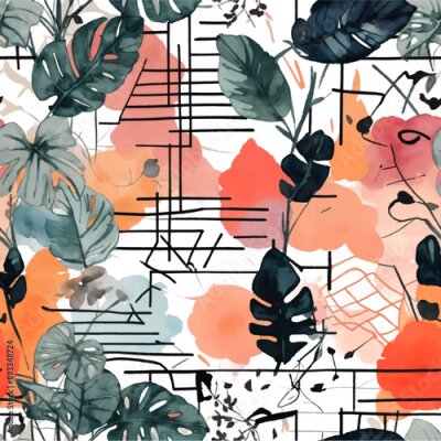 Papier peint  Beach cheerful seamless pattern wallpaper of tropical dark green leaves of palm trees and flowers bird of paradise (strelitzia) plumeria on a watercolor background