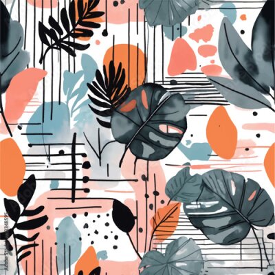 Papier peint  Beach cheerful seamless pattern wallpaper of tropical dark green leaves of palm trees and flowers bird of paradise (strelitzia) plumeria on a watercolor background
