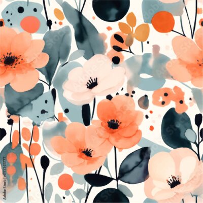 Papier peint  Beach cheerful seamless pattern wallpaper of tropical dark green leaves of palm trees and flowers bird of paradise (strelitzia) plumeria on a watercolor background