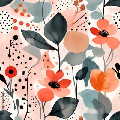 Papier peint  Beach cheerful seamless pattern wallpaper of tropical dark green leaves of palm trees and flowers bird of paradise (strelitzia) plumeria on a watercolor background