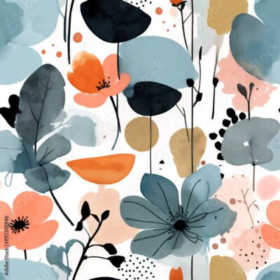 Papier peint  Beach cheerful seamless pattern wallpaper of tropical dark green leaves of palm trees and flowers bird of paradise (strelitzia) plumeria on a watercolor background