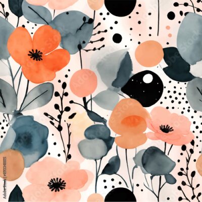 Papier peint  Beach cheerful seamless pattern wallpaper of tropical dark green leaves of palm trees and flowers bird of paradise (strelitzia) plumeria on a watercolor background