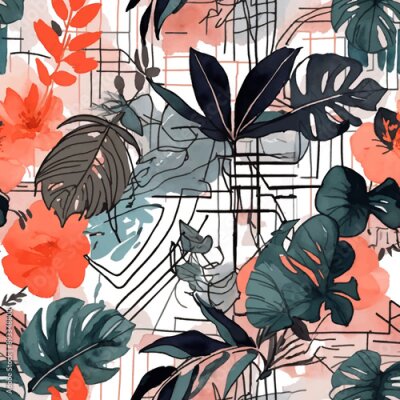 Papier peint  Beach cheerful seamless pattern wallpaper of tropical dark green leaves of palm trees and flowers bird of paradise (strelitzia) plumeria on a watercolor background