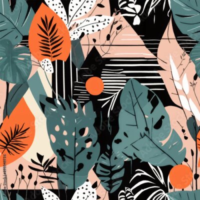 Papier peint  Beach cheerful seamless pattern wallpaper of tropical dark green leaves of palm trees and flowers bird of paradise (strelitzia) plumeria on a watercolor background