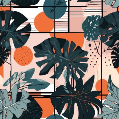 Papier peint  Beach cheerful seamless pattern wallpaper of tropical dark green leaves of palm trees and flowers bird of paradise (strelitzia) plumeria on a watercolor background
