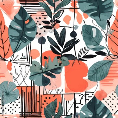 Papier peint  Beach cheerful seamless pattern wallpaper of tropical dark green leaves of palm trees and flowers bird of paradise (strelitzia) plumeria on a watercolor background