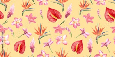 Papier peint  Beach cheerful seamless pattern wallpaper of tropical flowers bird of paradise (strelitzia), plumeria, anthurium, on a light yellow background. Fabric textile, digital paper.