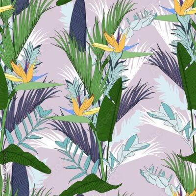 Papier peint  Beach cheerful seamless pattern wallpaper of tropical green leaves of palm trees and flowers bird of paradise (strelitzia) plumeria on a violet background.