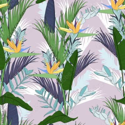 Papier peint  Beach cheerful seamless pattern wallpaper of tropical green leaves of palm trees and flowers bird of paradise (strelitzia) plumeria on a violet background.