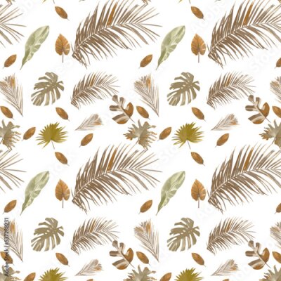 Papier peint  Beach cheerful seamless pattern wallpaper of tropical leaves of palm trees and flowers of paradise (strelitzia) plumeria on a white background