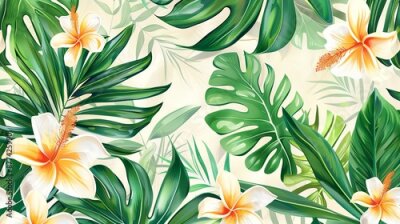 Papier peint  Beach cheerful seamless pattern wallpaper of tropical palm green leaves of palm trees and paradise (strelitzia) plumeria on a jungle leaves