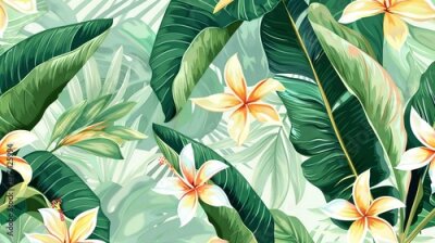 Papier peint  Beach cheerful seamless pattern wallpaper of tropical palm green leaves of palm trees and paradise (strelitzia) plumeria on a jungle leaves