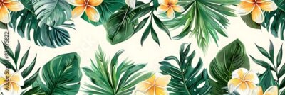 Papier peint  Beach cheerful seamless pattern wallpaper of tropical palm green leaves of palm trees and paradise (strelitzia) plumeria on a jungle leaves seamless vector watercolor pattern background
