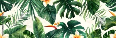 Papier peint  Beach cheerful seamless pattern wallpaper of tropical palm green leaves of palm trees and paradise (strelitzia) plumeria on a jungle leaves seamless vector watercolor pattern background
