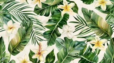 Papier peint  Beach cheerful seamless pattern wallpaper of tropical palm green leaves of palm trees and paradise (strelitzia) plumeria on a jungle leaves seamless vector watercolor pattern background
