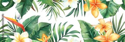 Papier peint  Beach cheerful seamless pattern wallpaper of tropical palm green leaves of palm trees and paradise (strelitzia) plumeria on a jungle leaves seamless vector watercolor pattern background
