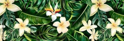 Papier peint  Beach cheerful seamless pattern wallpaper of tropical palm green leaves of palm trees and paradise (strelitzia) plumeria on a jungle leaves seamless vector watercolor pattern background
