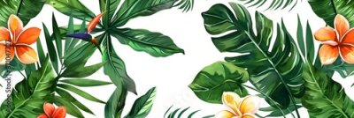 Papier peint  Beach cheerful seamless pattern wallpaper of tropical palm green leaves of palm trees and paradise (strelitzia) plumeria on a jungle leaves seamless vector watercolor pattern background