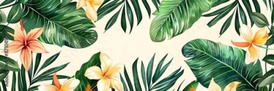 Papier peint  Beach cheerful seamless pattern wallpaper of tropical palm green leaves of palm trees and paradise (strelitzia) plumeria on a jungle leaves seamless vector watercolor pattern background
