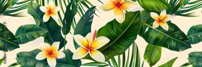 Papier peint  Beach cheerful seamless pattern wallpaper of tropical palm green leaves of palm trees and paradise (strelitzia) plumeria on a jungle leaves seamless vector watercolor pattern background