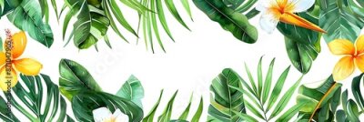 Papier peint  Beach cheerful seamless pattern wallpaper of tropical palm green leaves of palm trees and paradise (strelitzia) plumeria on a jungle leaves seamless vector watercolor pattern background
