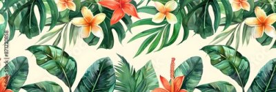 Papier peint  Beach cheerful seamless pattern wallpaper of tropical palm green leaves of palm trees and paradise (strelitzia) plumeria on a jungle leaves seamless vector watercolor pattern background
