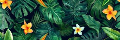 Papier peint  Beach cheerful seamless pattern wallpaper of tropical palm green leaves of palm trees and paradise (strelitzia) plumeria on a jungle leaves seamless vector watercolor pattern background