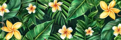 Papier peint  Beach cheerful seamless pattern wallpaper of tropical palm green leaves of palm trees and paradise (strelitzia) plumeria on a jungle leaves seamless vector watercolor pattern background