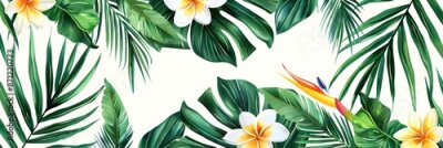 Papier peint  Beach cheerful seamless pattern wallpaper of tropical palm green leaves of palm trees and paradise (strelitzia) plumeria on a jungle leaves seamless vector watercolor pattern background