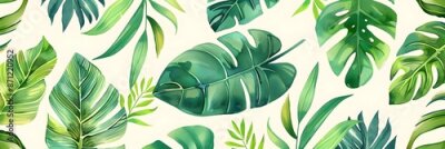 Papier peint  Beach cheerful seamless pattern wallpaper of tropical palm green leaves of palm trees and paradise (strelitzia) plumeria on a jungle leaves seamless vector watercolor pattern background