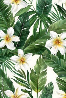 Papier peint  Beach cheerful seamless pattern wallpaper of tropical palm green leaves of palm trees and paradise (strelitzia) plumeria on a jungle leaves seamless vector watercolor pattern background