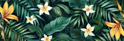 Papier peint  Beach cheerful seamless pattern wallpaper of tropical palm green leaves of palm trees and paradise (strelitzia) plumeria on a jungle leaves seamless vector watercolor pattern background