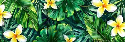 Papier peint  Beach cheerful seamless pattern wallpaper of tropical palm green leaves of palm trees and paradise (strelitzia) plumeria on a jungle leaves seamless vector watercolor pattern background