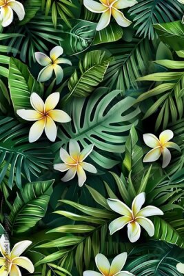 Papier peint  Beach cheerful seamless pattern wallpaper of tropical palm green leaves of palm trees and paradise (strelitzia) plumeria on a jungle leaves seamless vector watercolor pattern background